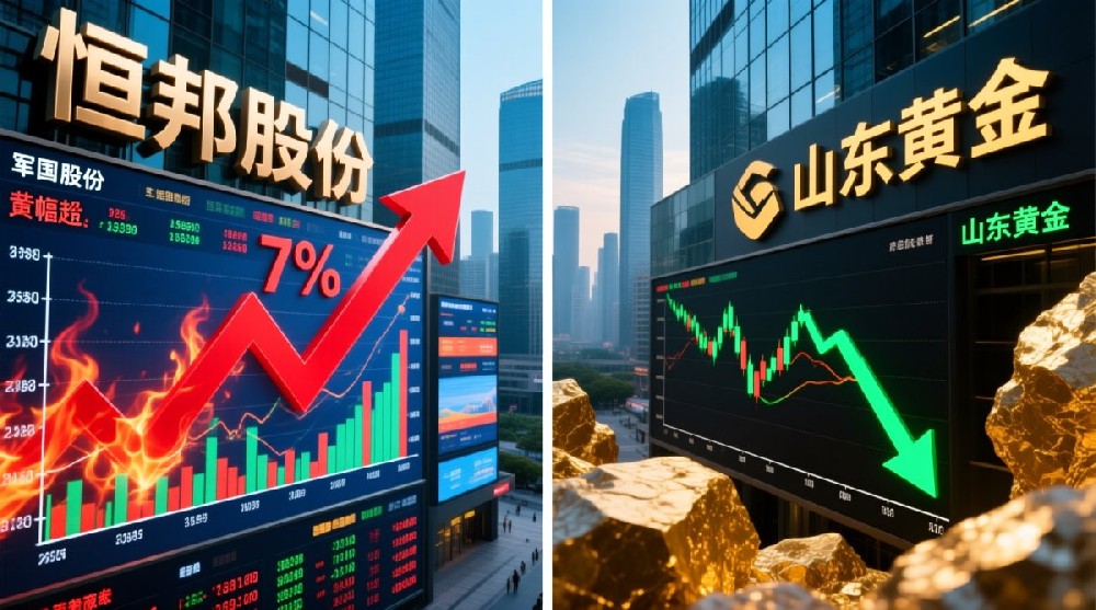军工、黄金板块分化,恒邦股份涨超 7%,山东黄金逆势走弱
